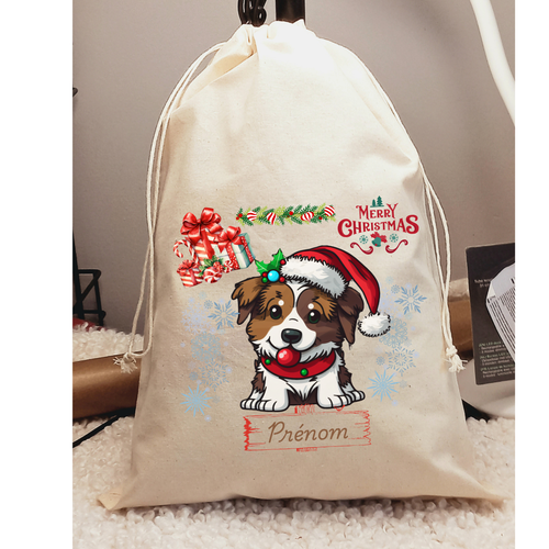 Hotte de noël personnalisée "chiot, bonnet de noël" en coton avec cordon de serrage–parfait pour glisser les cadeaux des enfants