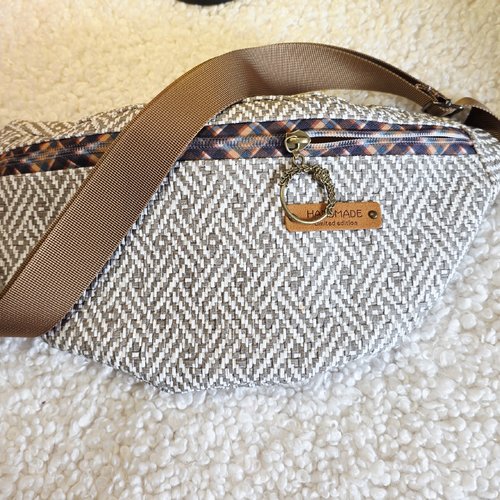 Sac banane marron simili cuir vintage, effet osier tressé, banane bandoulière ajustable amovible, cadeau  noël