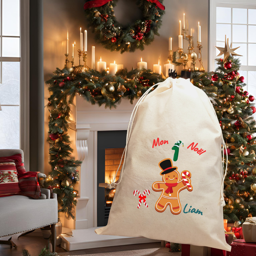 Pochon de noël personnalisable en coton avec cordon de serrage "mon premier noël"– parfait pour glisser les cadeaux des enfants.