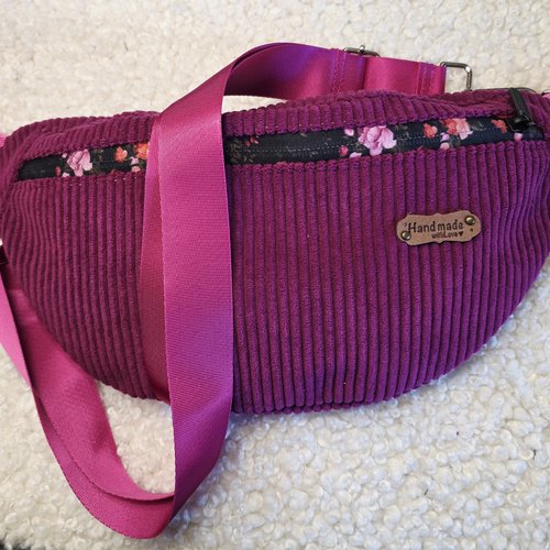 Vendu sac banane velours côtelé aubergine, sac bandoulière ajustable, sac à dos