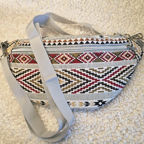 Sac banane tissu jacquard motifs aztèques, poche intérieure, accessoire ethnique féminin fait main, banane bandoulière ajustable