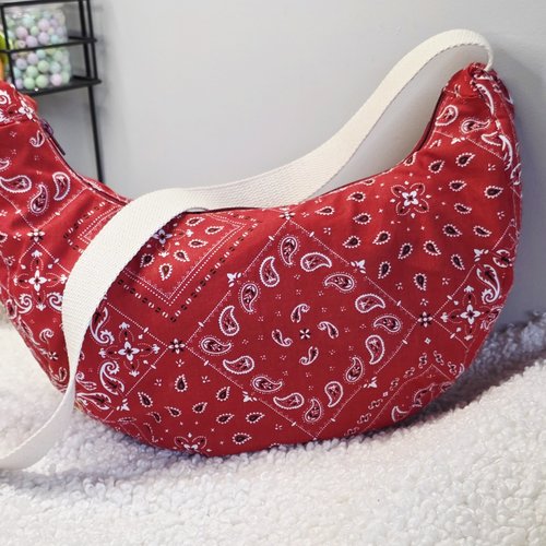 Sac demi-lune tissu bandana provençal rouge -création artisanale, sac croissant bandoulière