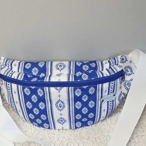 Sac banane tissu provençal sormiou bleu-création artisanale, sac banane souple bandoulière