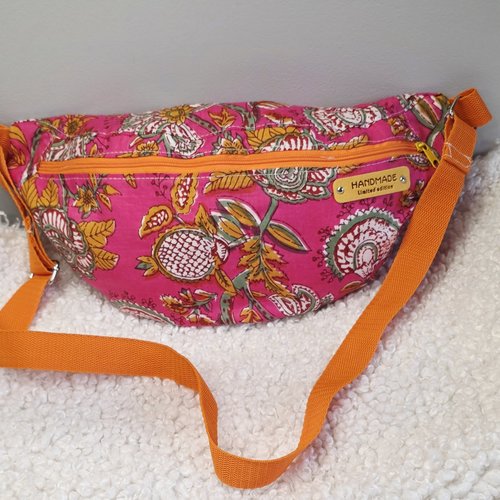 Sac banane tissu indien "satara" -création artisanale, sac croissant léger bandoulière