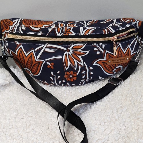 Sac banane tissu indien bleu marine entrelacs de fleurs brique-création artisanale, sac mou bandoulière