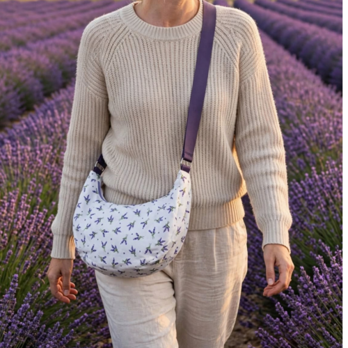 Sac demi-lune, tissu provençal-bouquet de lavande-création artisanale, sac banane souple bandoulière grande capacité