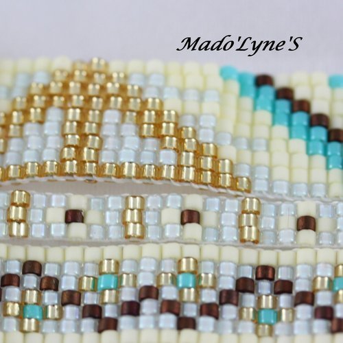Bracelet manchette tissée, perles miyuki délicas 11/0, jaune, doré, marron, turquoise, bleu, fermoir aimanté couleur or, modèle unique