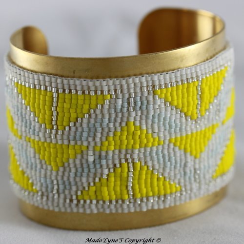 Bracelet manchette tissée, rocailles  miyuki délicas 11/0, jaune, blanc, argent, vert d'eau