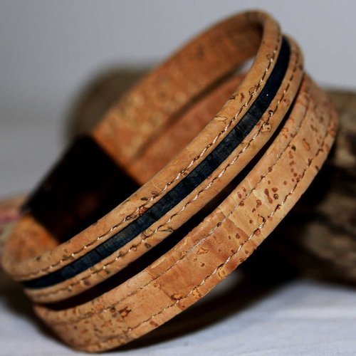 Bracelet manchette liège 10 mm, liège bicolore marine/naturel 10mm, fermoir magnétique aimanté couleur argent, modèle unique