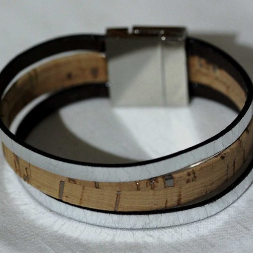 Bracelet manchette cuir plat vachette 5 mm argent, liège 10mm, fermoir magnétique aimanté couleur argent, modèle unique