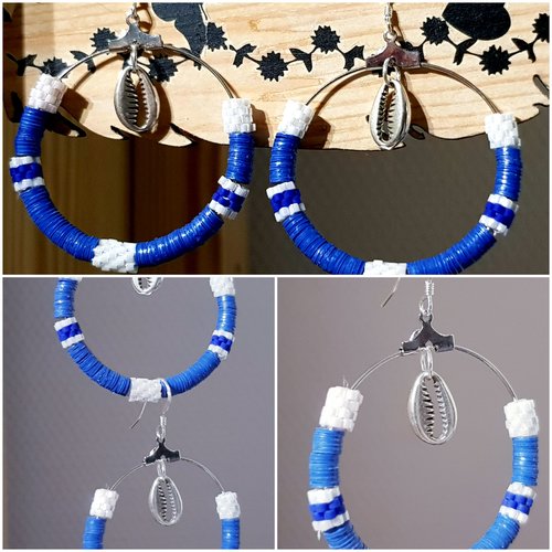 Boucles d'oreilles créoles argent, perles heishi, perles miyuki, blanc et bleu, oreilles percées, crochet argent 925