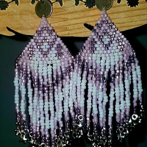 Boucles d'oreilles longues, tissage brick stitch, perles miyuki, couleurs banc, rose, violet,  crochet d'oreilles argent 925