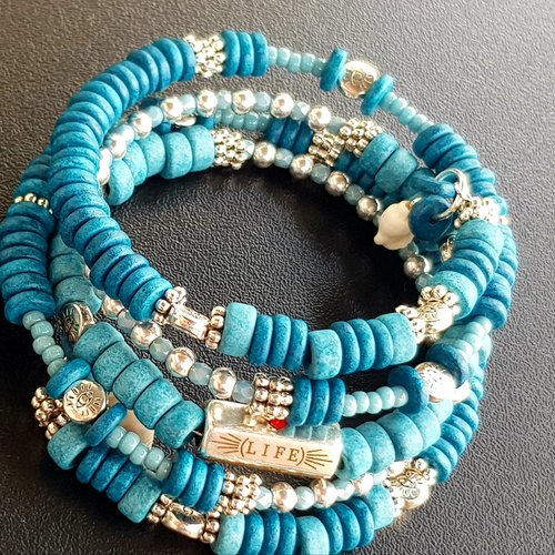 Bracelet multi rang, heishi céramique, perles facettes, perles preciosa ornella, tons bleu