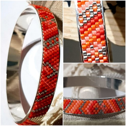 Bracelet, perles miyuki, couleur rouge, orange, corail, argent