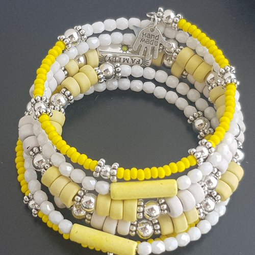 Bracelet multi rang, heishi céramique, perle facettes, rocaille preciosa ornela, jaune et blanc