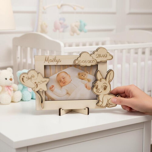 Cadre photo de naissance personnalisé en bois – décor petit lapin pour enfant