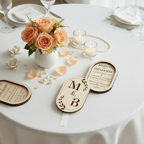 Save the date - faire-part en bois personnalisé - format ovale - thème moderne feuillage