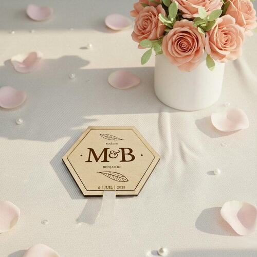 Save the date - faire-part en bois personnalisé - format hexagonal - thème classique feuillage