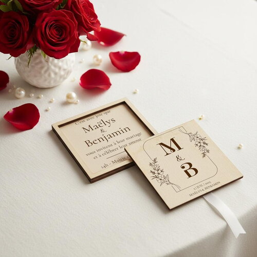 Save the date - faire-part en bois personnalisé - format carré - thème moderne jasmin