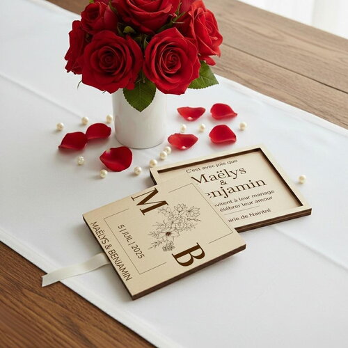 Save the date - faire-part en bois personnalisé - format carré - thème moderne bouquet de fleurs