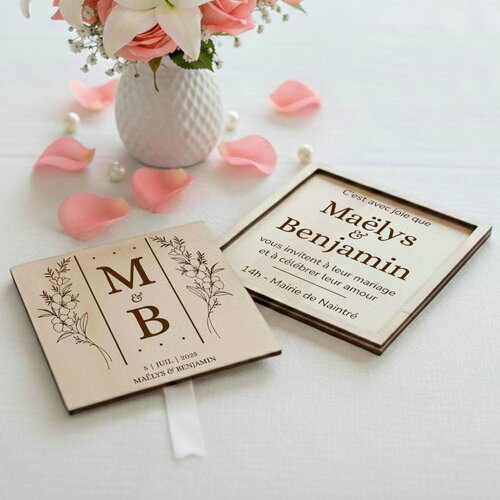 Save the date - faire-part en bois personnalisé - format carré - thème moderne vertical jasmin