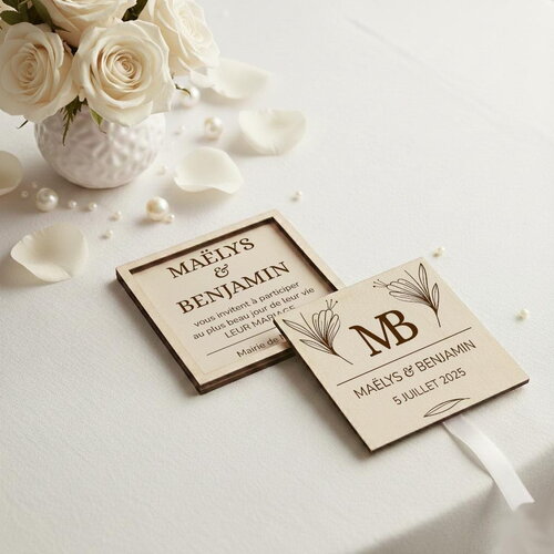 Save the date - faire-part en bois personnalisé - format carré - thème moderne crocus