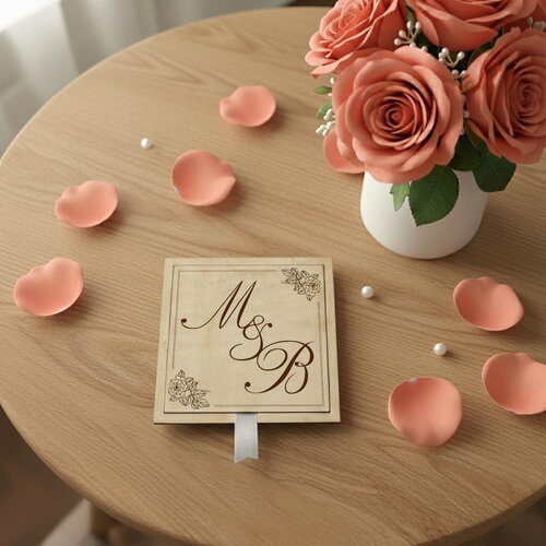 Save the date - faire-part en bois personnalisé - format carré - thème moderne rose