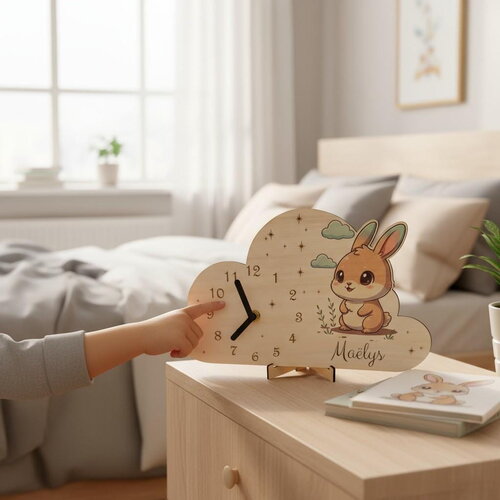Horloge bois gravée prénom – décor lapin | murale ou à poser