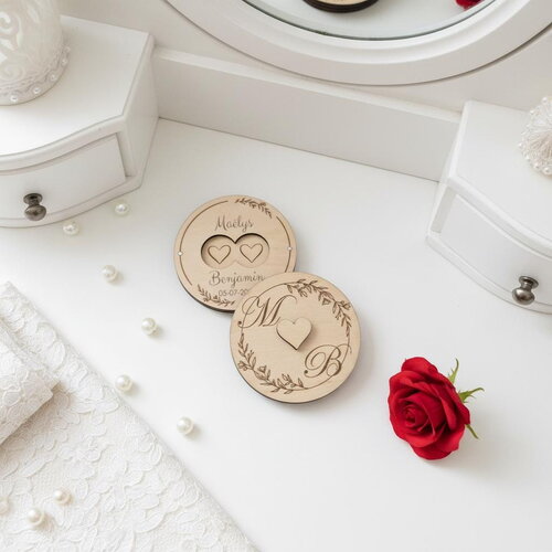 Boîte à alliances personnalisée en bois - forme rond poignée cœur