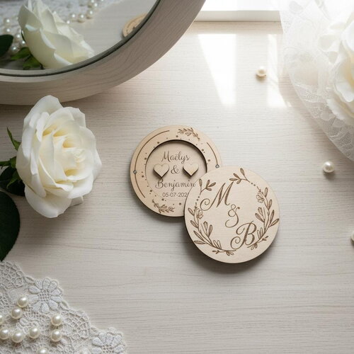 Boîte à alliances personnalisée en bois - forme rond feuillage