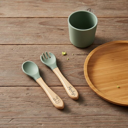 Set couverts vert olive, bois et silicone personnalisés pour enfants