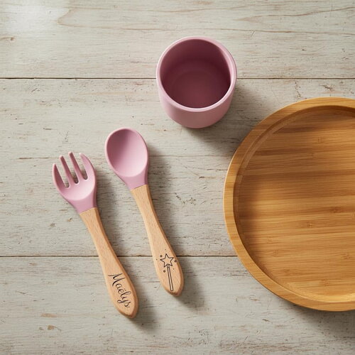Set couverts rose ancienne, bois et silicone personnalisés pour enfants