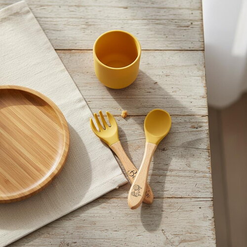 Set couverts moutarde, bois et silicone personnalisés pour enfants