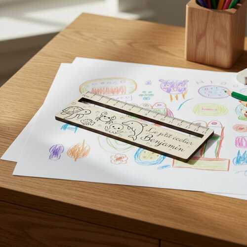 Règle droite en bois personnalisée - décor animaux de la mer