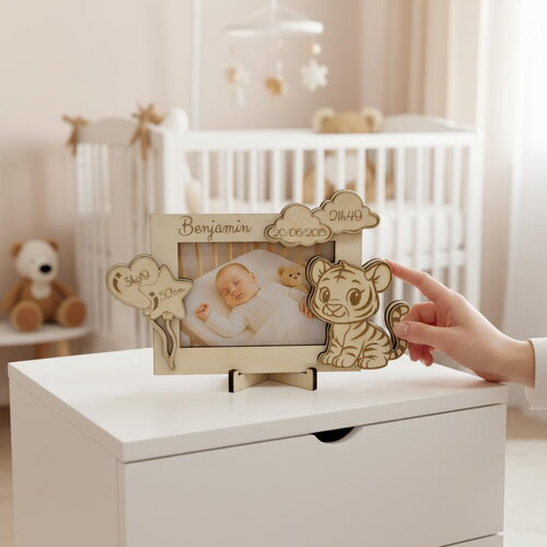 Cadre photo de naissance personnalisé en bois – décor petit tigre pour enfant
