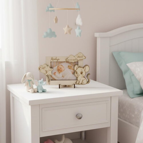 Cadre photo de naissance personnalisé en bois – décor petit souris pour enfant