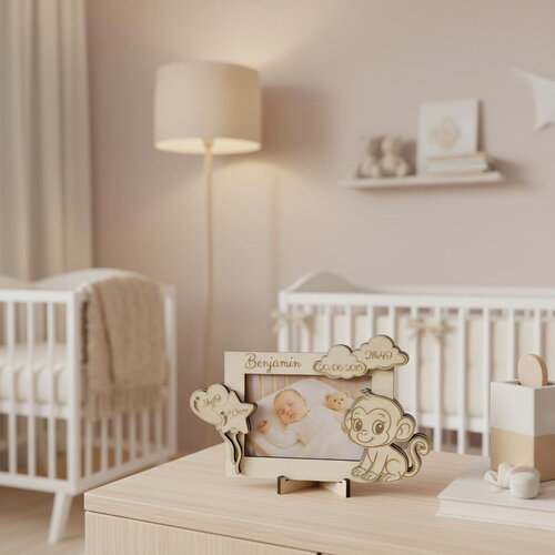 Cadre photo de naissance personnalisé en bois – décor petit singe pour enfant