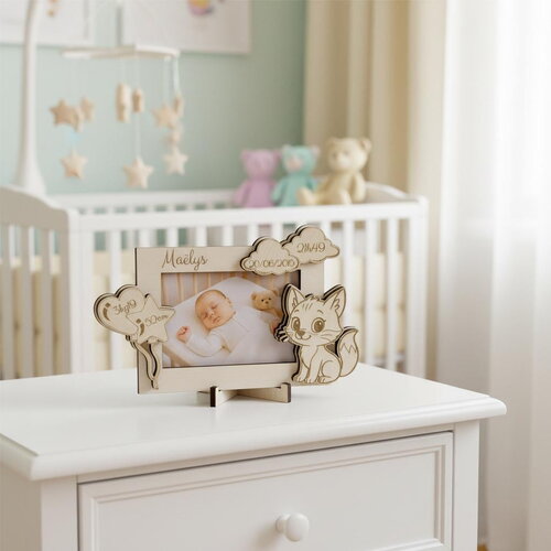 Cadre photo de naissance personnalisé en bois – décor petit renard pour enfant