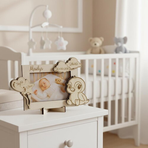 Cadre photo de naissance personnalisé en bois – décor petit pingouin pour enfant