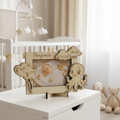 Cadre photo de naissance personnalisé en bois – décor petit pieuvre pour enfant