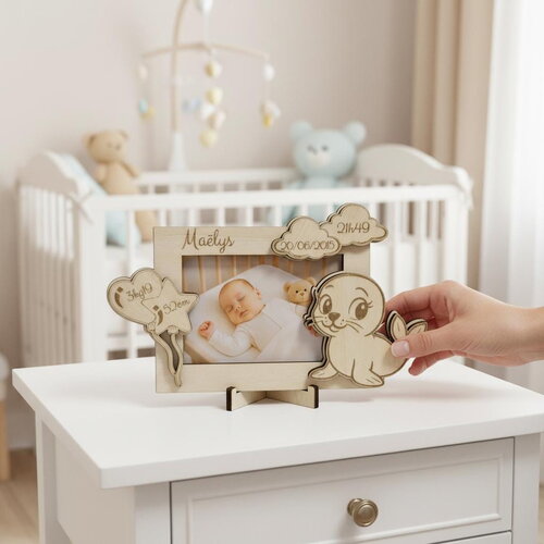 Cadre photo de naissance personnalisé en bois – décor petit phoque pour enfant