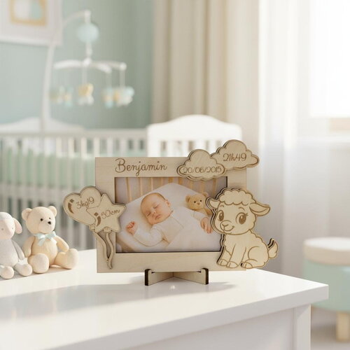 Cadre photo de naissance personnalisé en bois – décor petit mouton pour enfant