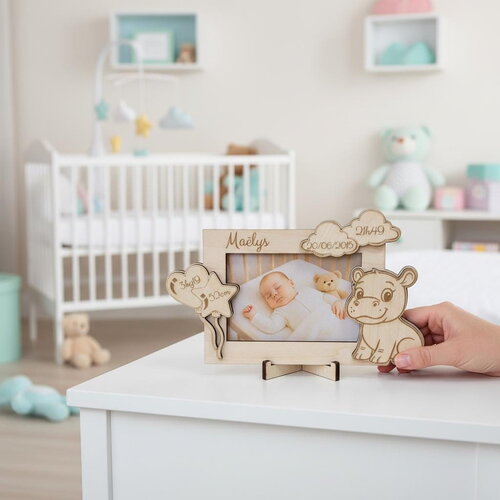 Cadre photo de naissance personnalisé en bois – décor petit hippopotame