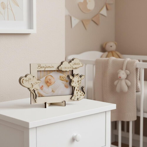 Cadre photo de naissance personnalisé en bois – décor petite girafe
