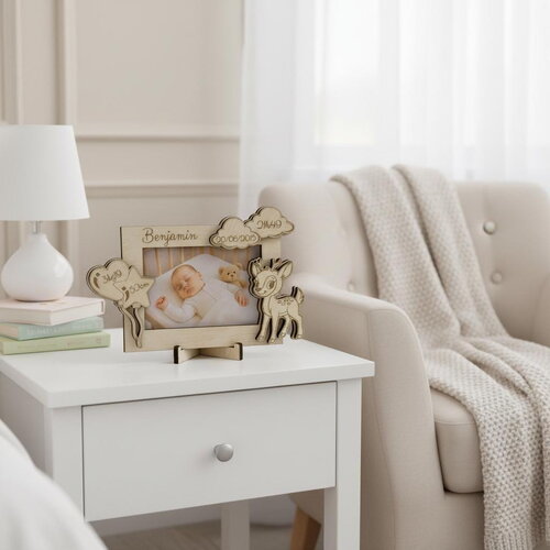 Cadre photo de naissance personnalisé en bois – décor petit faon