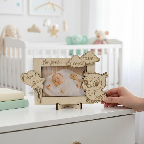 Cadre photo de naissance personnalisé en bois – décor petite chouette