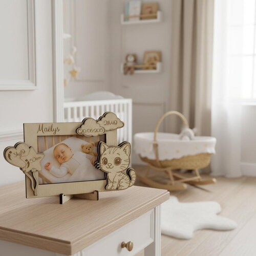 Cadre photo de naissance personnalisé en bois – décor petit chat