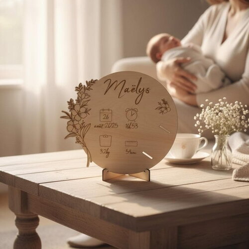 Porte bracelet de naissance personnalisé, carte en bois gravé - décor grandes fleurs