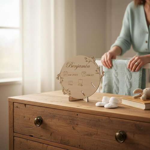 Porte bracelet de naissance personnalisé, carte en bois gravé - décor petites fleurs