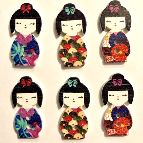 Lot de 6 boutons bois, bouton deux trous , button , kokeshi , japon, kimono